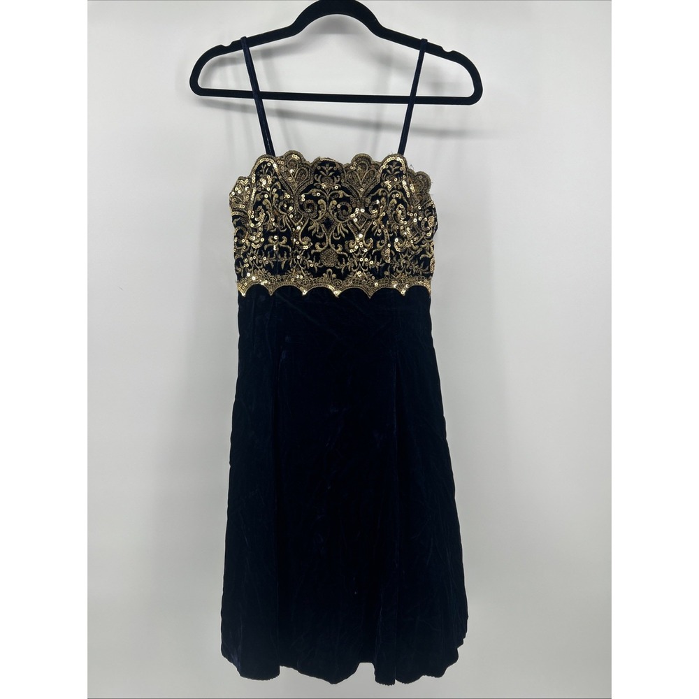 Vintage Jessica McClintock Gunne Sax Blue Velvet Gold Sequin Dress Romance 11/12